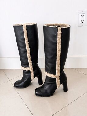 BOSS Shearling Leather Knee-High Boots – Black – Size 6